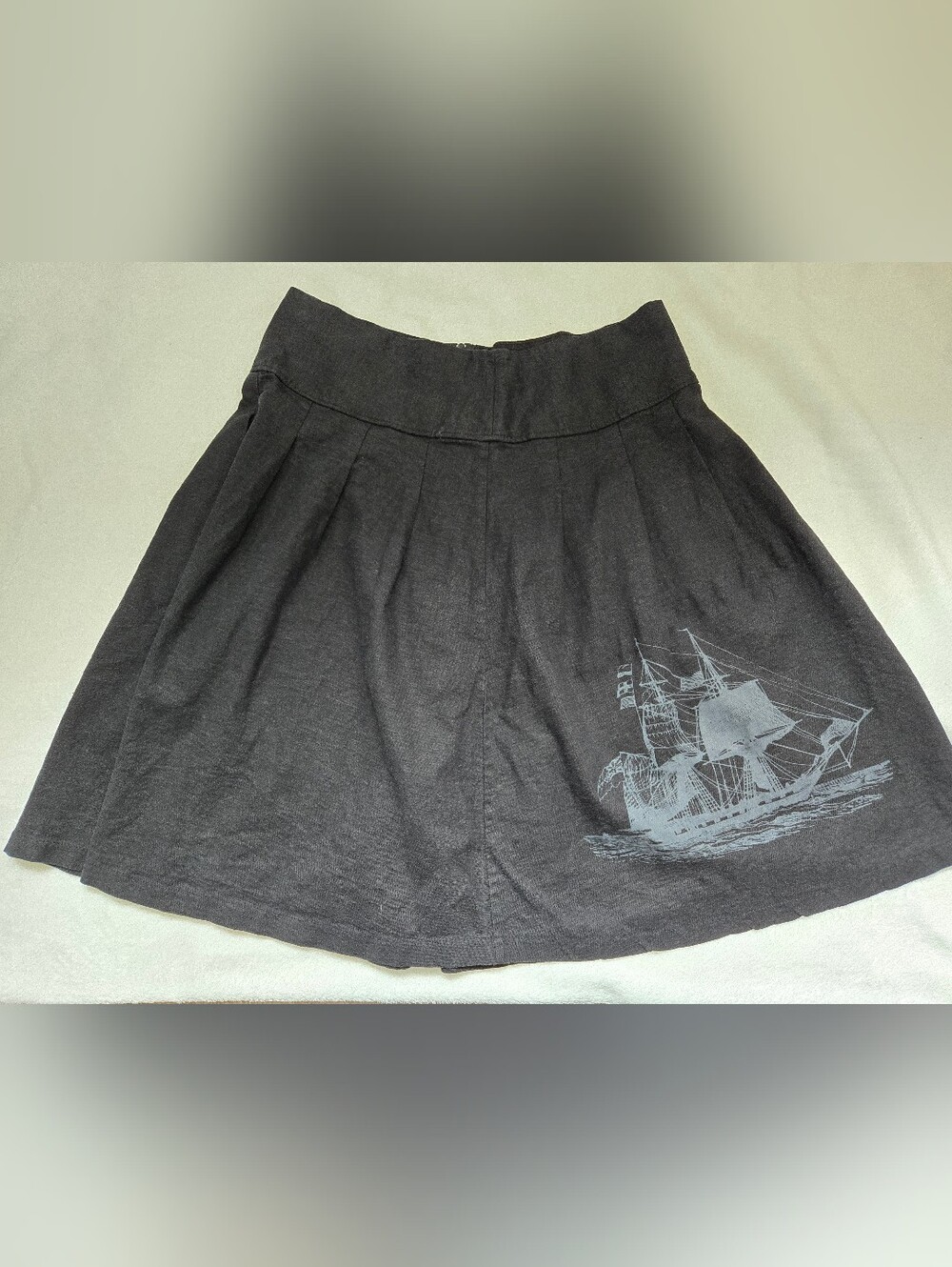 Smoking Lily Linen Blend Black A-Line Skirt with Sailboat Ship Print. Size Large